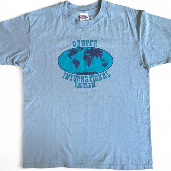 Vintage Hanes Beefy-T Denver International Program Blue T-Shirt Large - Picture 2 of 6